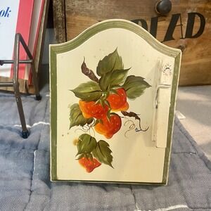 Vintage Strawberry Recipe/Note Holder  Hand Painted Signed Wood Stand 5.25x7"